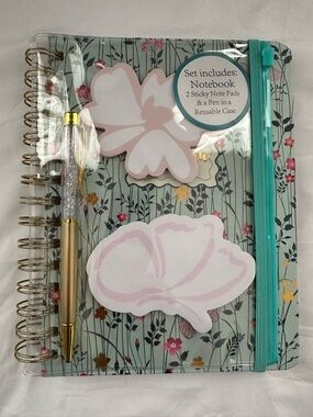 Floral Spiral “Just Bloom” Notebook Set with Pen & Sticky Notes